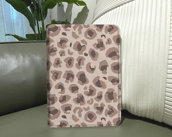 Neutral Leopard Print Kindle Case with Strap, Beige Brown Animal Pattern eReader Cover