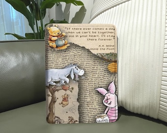 Winnie the Pooh Storybook Kindle Case, Book Page Collage Illustration, Magnetic Flip eReader Cover
