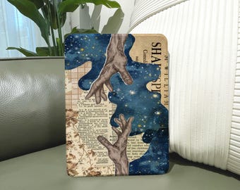 Vintage Collage Kindle Case, Antique Book Text, Starry Galaxy