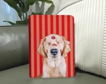 Golden Retriever Kindle Case, Dog Illustration Magnetic Flip Cover, Red Stripe eReader Case