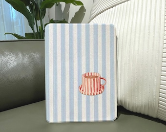 Striped Coffee Cup Aesthetic Reading Cover, Magnetic Auto Wake Sleep Protection for Kindle and Kobo Cozy Minimal Case Daily Folio Design Art