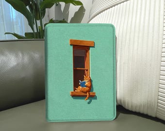 Mint Green Window Orange Cat Reading Book Kindle Case, Cat Lover Magnetic Cover, Auto Sleep Wake Protector for Kindle Paperwhite Oasis Gift
