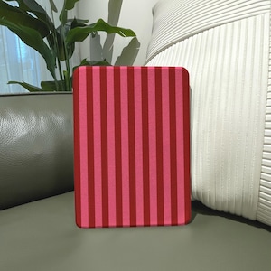 May include: A rectangular case with vertical stripes in shades of pink and red. The case is placed on a green surface, with a white cushion and a green plant visible in the background.