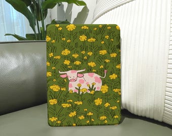 Cow Kindle Case, Meadow Floral eReader Cover, Magnetic Flip