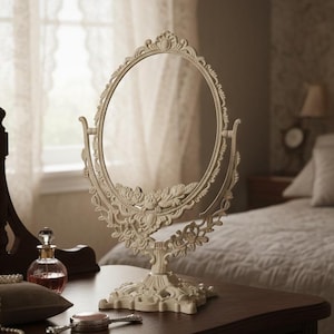 Peut inclure: Un miroir de coiffeuse ovale et orné, de couleur crème, avec des motifs floraux détaillés, est posé sur une coiffeuse en bois sombre. Un flacon de parfum, des bijoux et un petit coussin complètent la scène.