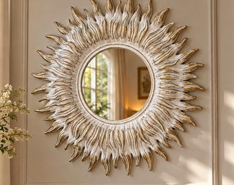 Handmade White Gold Sunburst Mirror, 21.7 Inch Round Resin Wall Decor