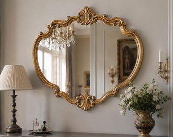 Peut inclure: Un miroir mural doté d'un cadre doré orné de volutes complexes et de détails sculptés. Le miroir présente une forme incurvée et asymétrique distincte avec des ornements décoratifs saillants situés au centre, en haut et en bas du cadre.