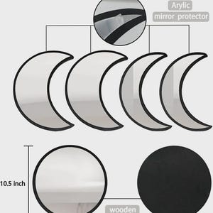 May include: A set of four crescent moon-shaped acrylic mirrors with black frames. The image includes a detail view of an acrylic mirror protector and a circular wooden component labeled 10.5 inch, indicating the diameter of the circular mirror.