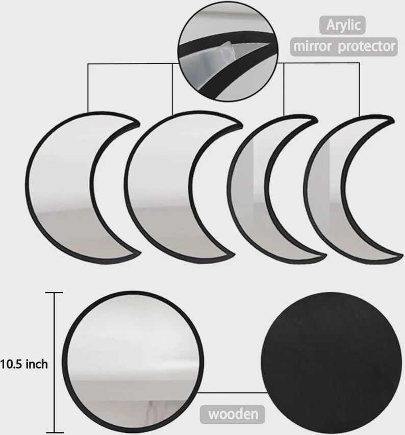 May include: A set of four crescent moon-shaped acrylic mirrors with black frames. The image includes a detail view of an acrylic mirror protector and a circular wooden component labeled 10.5 inch, indicating the diameter of the circular mirror.