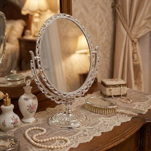 May include: An ornate, silver-colored vanity mirror with an oval frame and decorative base. The mirror is on a wooden surface with a lace runner, alongside perfume bottles, a jewelry box, a brush, and a pearl necklace. The scene evokes a vintage aesthetic.