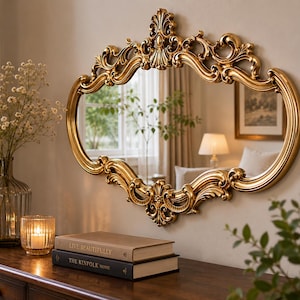 Puede incluir: Un espejo de pared dorado y ornamentado con un marco decorativo curvo que presenta intrincados adornos y una cresta central. El espejo refleja una habitación con una ventana, una lámpara y un cuadro, mientras el marco tiene un acabado metálico.