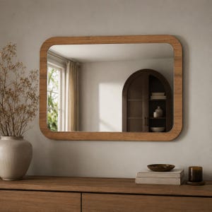 May include: A rectangular wall mirror with rounded corners and a smooth, medium-toned wood frame. The reflective glass surface shows a room interior with a window, curtains, and an arched wooden cabinet with shelves containing decorative items.