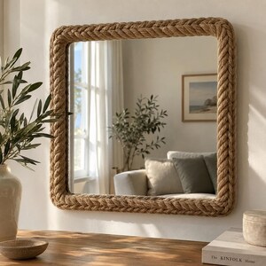 May include: A square wall mirror featuring a thick, braided natural jute rope frame. The mirror surface reflects a bright interior space with a sofa, a potted plant, and a framed picture on the wall, creating a clear, reflective view.