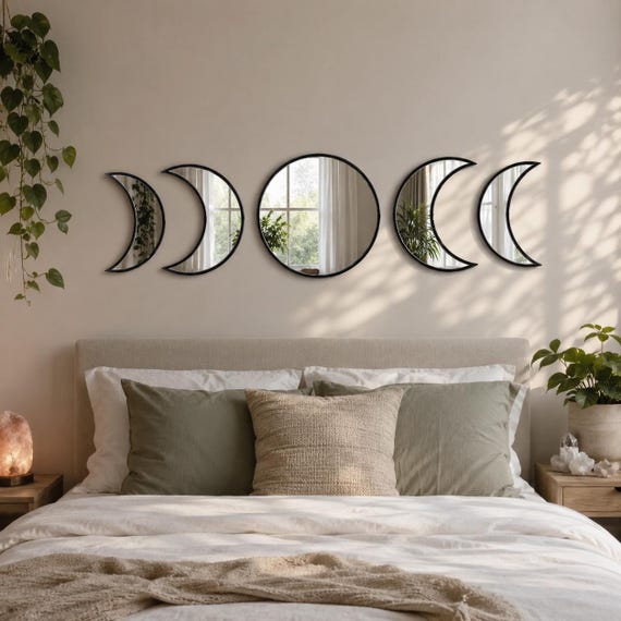 26in Moon Phase Mirror Set, Acrylic Mirror, Wooden Frame, Moon Phase Decor, Boho Wall Decor, Witchy Decor, Bedroom Decor