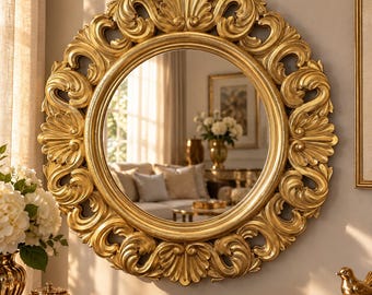May include: A round wall mirror featuring an ornate gold frame with intricate carved scrollwork and leaf-like patterns. The circular glass surface is framed by a thick, metallic gold border that displays detailed relief designs throughout.