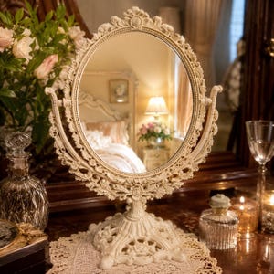 Puede incluir: Un espejo de mesa ovalado con un marco tallado de color blanco roto, adornado con intrincados detalles florales y de volutas. El espejo se apoya en una base de pedestal decorativa a juego e incluye un mecanismo giratorio ajustable.