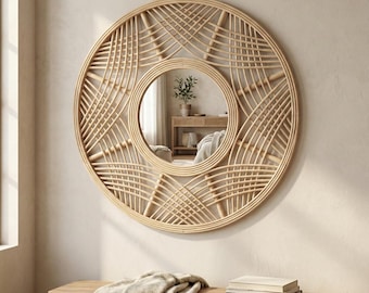 Woven Rattan Round Wall Mirror, Boho Scandinavian Decor, 17.5 in