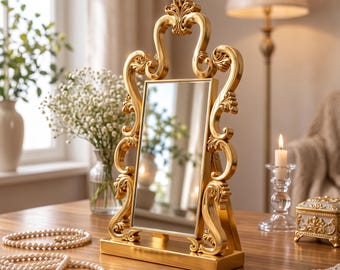 Miroir de table doré fait main, miroir de coiffeuse sur pied de 20 cm, miroir de maquillage orné, miroir décoratif, décoration intérieure dorée vintage