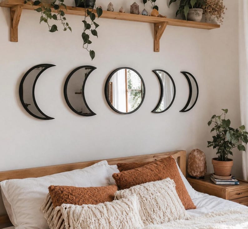 26in Moon Phase Mirror Set, Acrylic Mirror, Wooden Frame, Moon Phase Decor, Boho Wall Decor, Witchy Decor, Bedroom Decor image 3