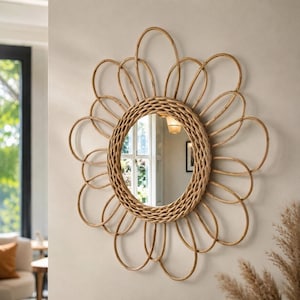 15in Wicker Wall Mirror, Rattan Mirror, Sunburst Mirror, Boho Decor, Round Mirror, Natural Decor, Beige Mirror, Farmhouse