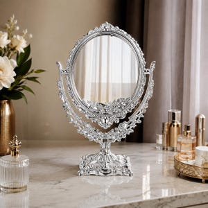 Vintage sminkspegel 30,5 x 19,5 cm, dubbelsidig oval sminkspegel, bordsspegel, silver eller guld