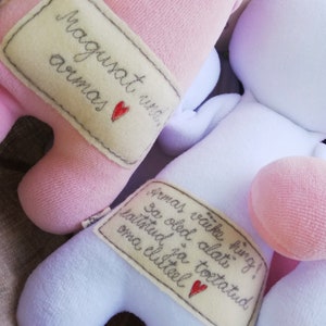 Puede incluir: Dos peluches con corazones y texto bordados. El peluche rosa tiene el texto "Magusat und armas" y el peluche azul tiene el texto "Armas vaike hing! Sa oled alati toetatud oma eluteel".