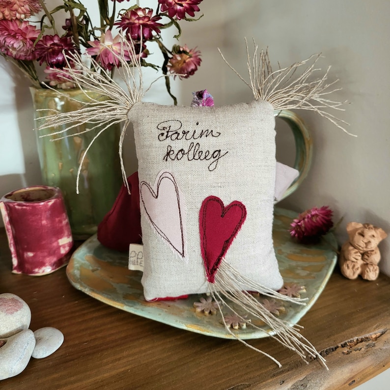 May include: A small, handmade linen pillow with the text "Parim kolleg" embroidered in brown thread. The pillow has two pink and red felt hearts sewn on the front. The pillow is sitting on a wooden surface with a green vase and dried flowers in the background.