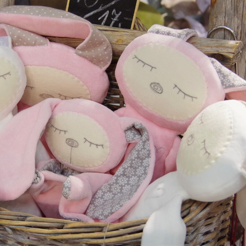 Puede incluir: Una cesta llena de juguetes de peluche rosa y blanco. Los juguetes tienen ojos bordados y tienen forma de conejos.