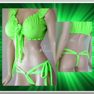 May include: A neon green lingerie set with a tie-front crop top and a low-rise, strappy bottom with a ring detail.