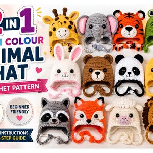 12in1 Animal Crochet Hat bundle | Crochet, Beanie | Animal Hat | Halloween Costume | Christmas Gift | Birthday| Men, Women, Boys, Girls.