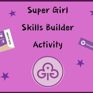 Könnte beinhalten: Eine rosa Grafik mit den Worten "Super Girl Skills Builder Activity" in Schwarz. Das Bild enthält lila Sterne, ein Logo und zwei kleine Karten mit Text. Eine Karte sagt "Skills builder" und die andere sagt "Feel good".