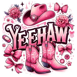 Yeehaw Pink Cowgirl Boots Hat and Bows Digital PNG, Western Rodeo Graphic for Sublimation, Stickers, Apparel, and Crafts