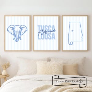 Alabama Dorm Apartment Wall Art Prints | Blue Stripe Coquette Decor | University | Tuscaloosa Printable Set of 3 Digital Downloads