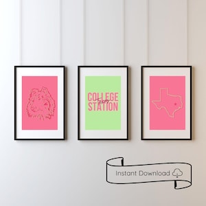 Texas Dorm Apartment Wall Art Prints | Pink Green Aggie Decor | Texas AM University | College Station Printable Set of 3 Digital Downloads