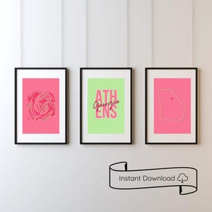 Georgia Dorm Apartment Wall Art Prints | Pink & Green Bulldogs Decor | University | Athens GA Printable Set of 3 Digital Downloads