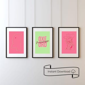 Oxford Dorm Preppy Wall Art Prints | Pink & Green Rebels Decor | University | Oxford Printable Set of 3 Digital Downloads