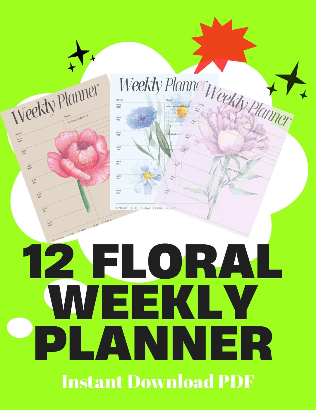 Floral Weekly Planner Printable | Undated, Minimalist (PDF Download) - Etsy