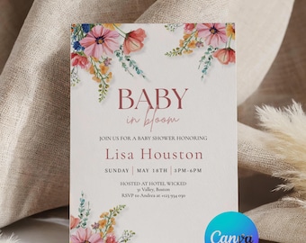 Baby in Bloom Invitation - Wildflower Baby Shower - Floral Baby Shower Invitation - Canva Template Printable - Baby Shower Invite Digital