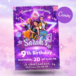 Kpop Demon Hunters birthday invitation editable template, kids Kpop party invite printable 5x7 music theme birthday invite digital download