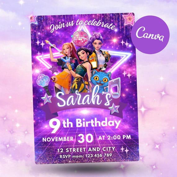 Kpop Birthday Invitation, Demon Hunters Party Invite, Editable Kids Invitation Kpop invitation, Music Party, Instant Download PDF Template