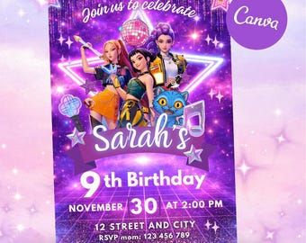 Kpop demonenjagers verjaardagsuitnodiging bewerkbaar, KPOP-feestuitnodiging voor kinderen, muziekthema verjaardagsuitnodiging, afdrukbare 5 x 7 digitale download