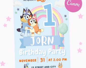 Bluey Geburtstagseinladung Junge, Blauer Geburtstag einladen, Bearbeitbare Bluey Party einladen, 5x7 Canva Vorlage, Kinder Geburtstag einladen