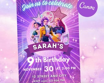 Editable Kpop Birthday Invitation, Demon Hunters Kids Party Invite, Music Theme Printable Invite 5x7, Digital Download Template