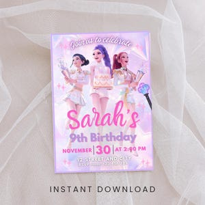 K-pop themed birthday invitation with anime style characters, editable party invite for kids and teens, digital download