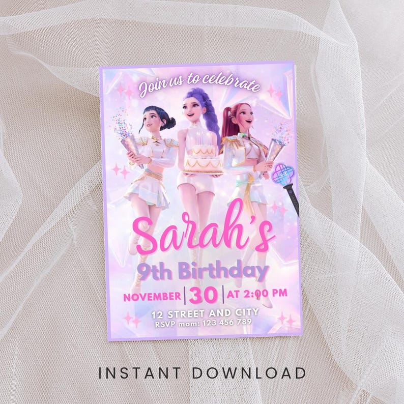 K-pop themed birthday invitation with anime style characters, editable party invite for kids and teens, digital download