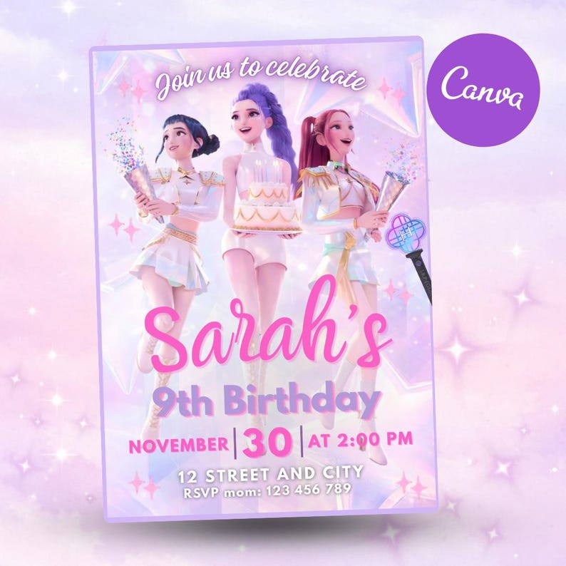 KPop Demon Hunters birthday invitation template, pastel K-pop party invite, editable digital download 5x7 printable