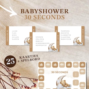 Puede incluir: Un juego de baby shower con tarjetas y un tablero. Las tarjetas tienen palabras relacionadas con bebés como "pañal" y "biberón". El tablero presenta un gráfico de luna y oso de peluche. Se muestra el texto "BABYSHOWER 30 SECONDS".