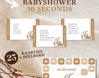 30 Seconds Babyshower Spel – Teddybeer Thema – Printbaar Woordspel met Spelbord – Direct Downloaden & Bewerken in Canva - Nederlands
