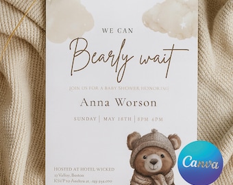 Teddy Bear Baby Shower Invitation: Watercolor Canva Template (5x7" Printable Card)