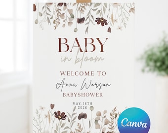 Floral Baby Shower Welcome Sign: Boho Girl Decor (Canva Template, Digital Download